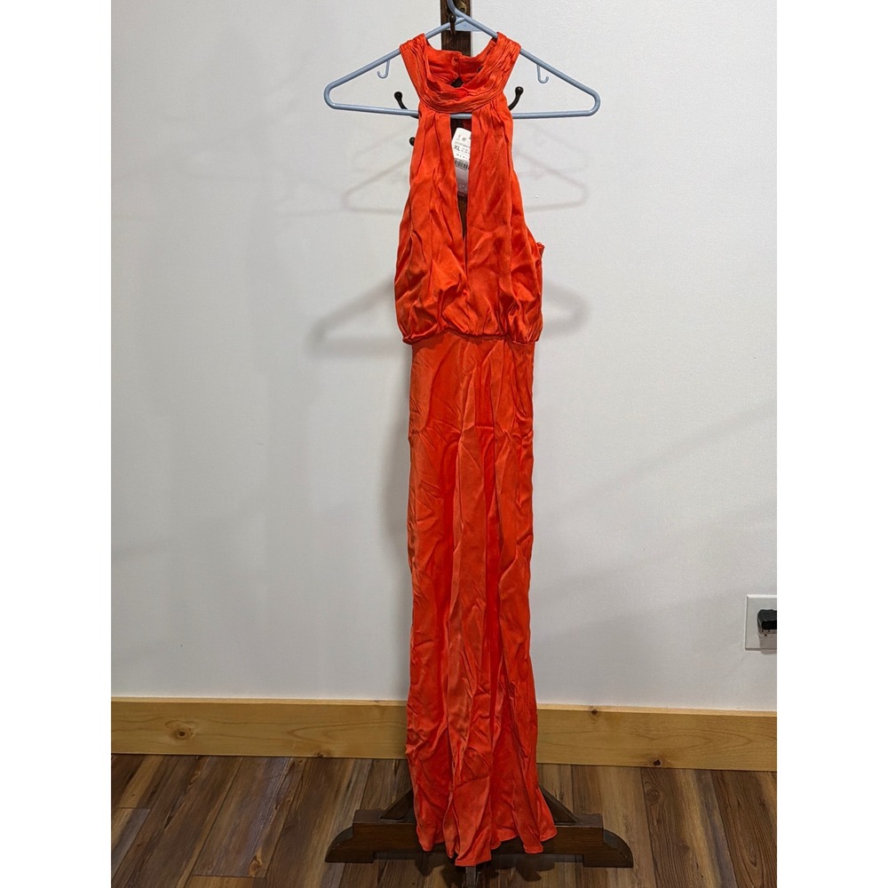Zara Orange Satin Halter Maxi Dress Keyhole Cutout XL Gala Modern Cocktail Bold